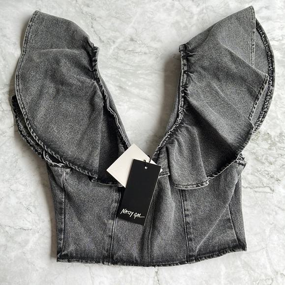 NASTY GAL | Collar Detail Denim Crop Top in Washed Black - Picture 2 of 10